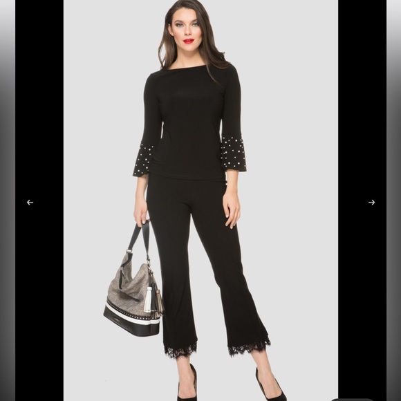 Joseph Ribkoff Top Woman 10 Black Pearl Accent Bell 3/4 Sleeves Boat Neck 191148 - Picture 2 of 15